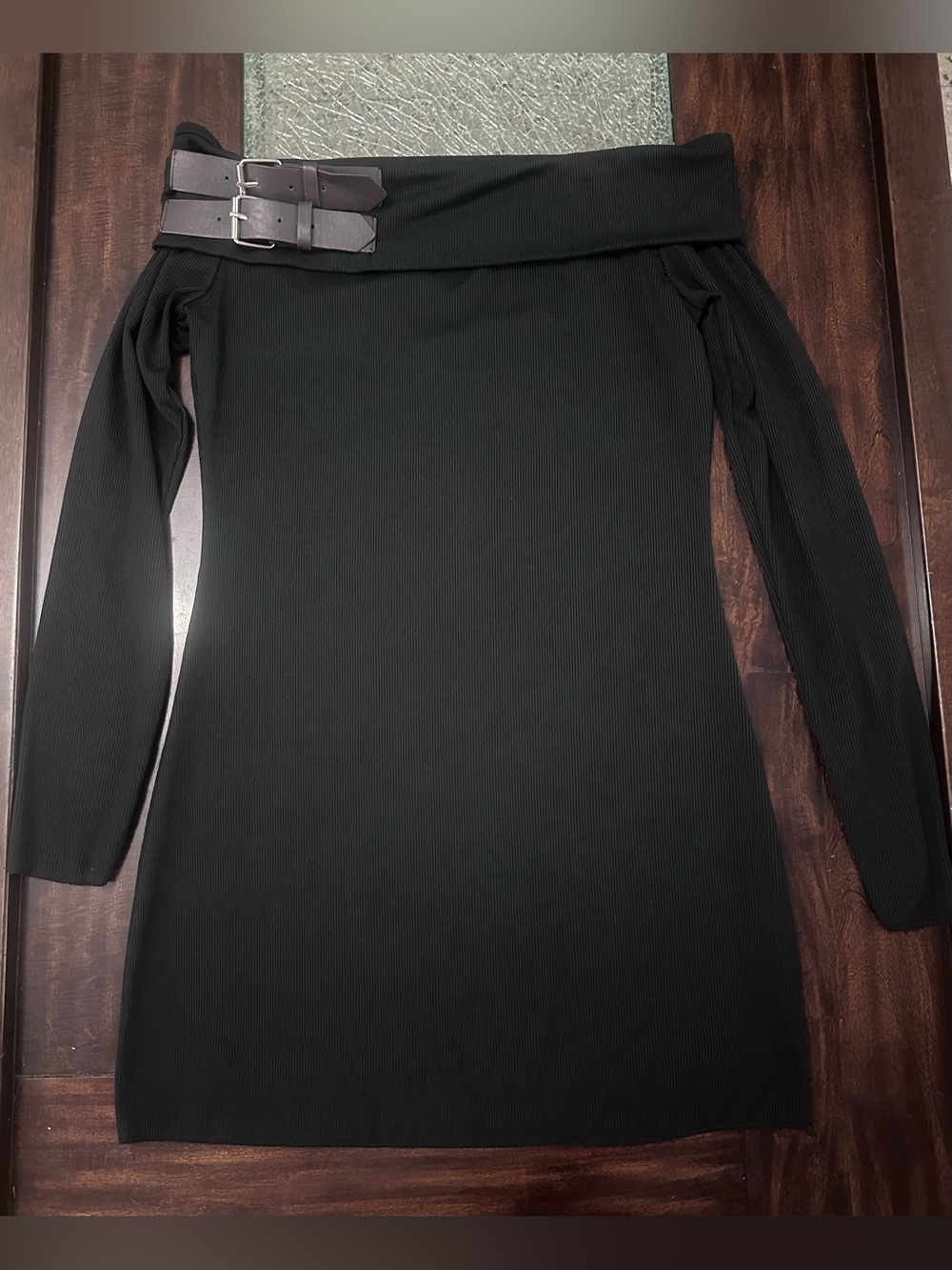 SHEIN XL Black Off Shoulder Ribbed Dress w/ Buckle Detail